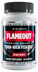 Biotest Flameout bottle front showing DHA-rich omega-3 formula for daily support.