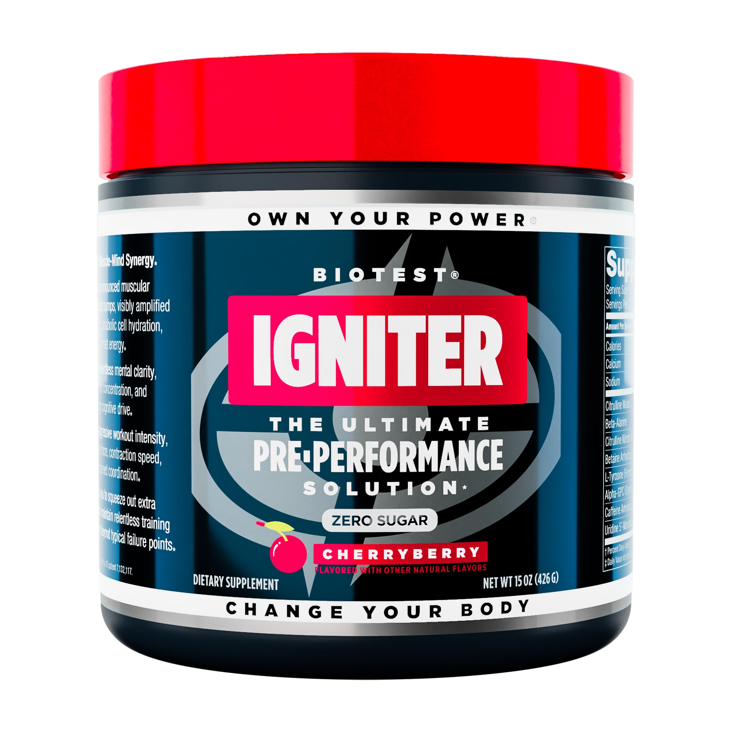 Biotest Igniter CherryBerry tub front label highlights a high-energy pre-workout blend