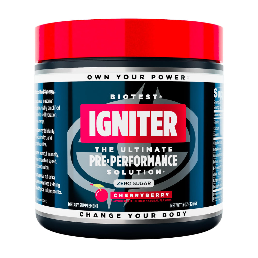 Biotest Igniter CherryBerry tub front label highlights a high-energy pre-workout blend