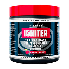 Biotest Igniter CherryBerry tub front label highlights a high-energy pre-workout blend