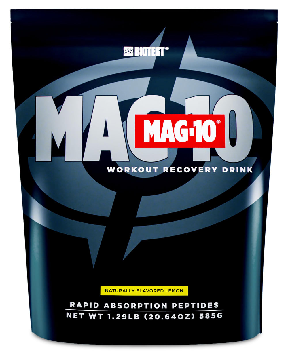 Biotest MAG-10 bottle with lemon flavor highlighting fast-absorption peptides for workouts.