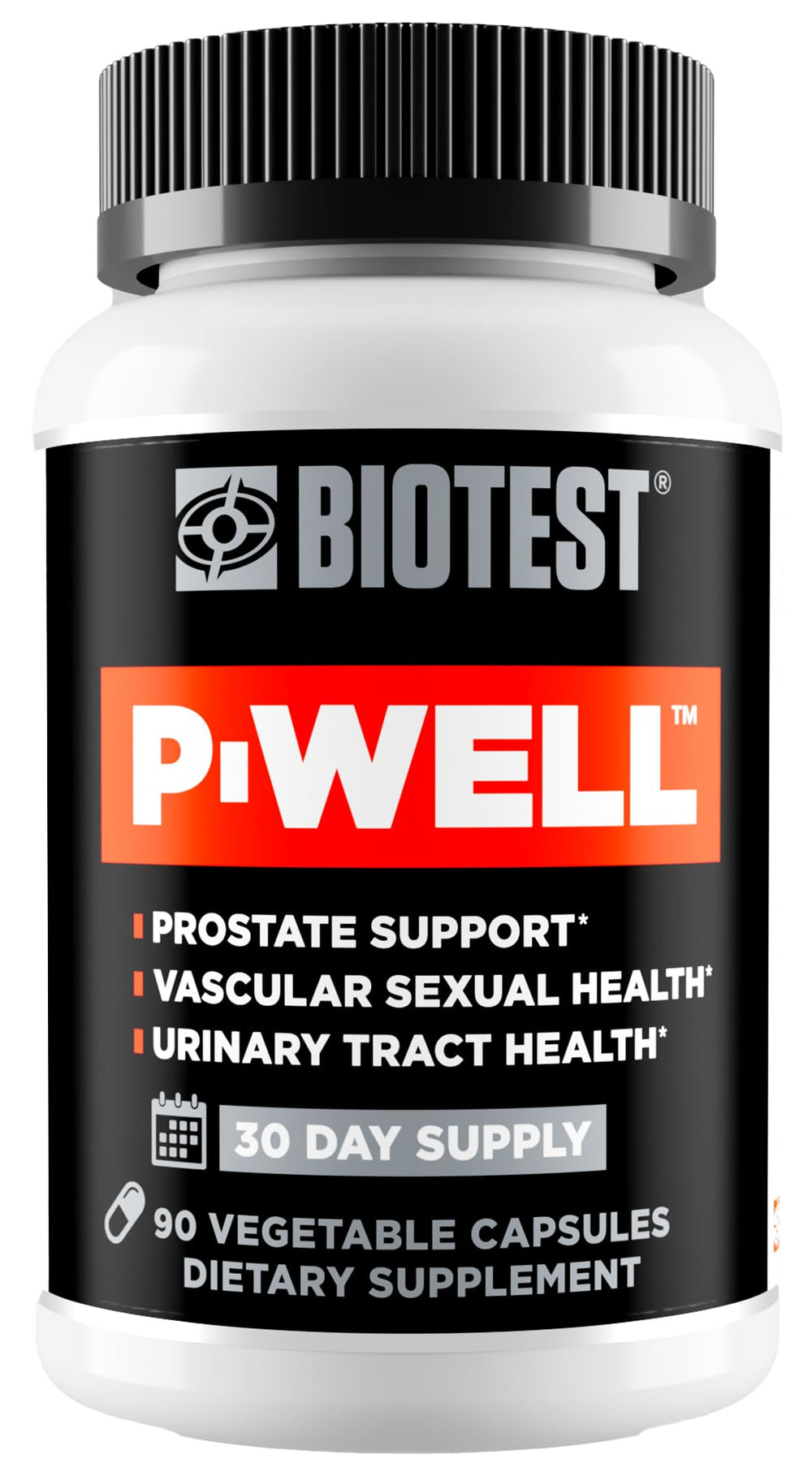 Biotest P-Well bottle closeup highlighting pomegranate punicalagins for antioxidant support