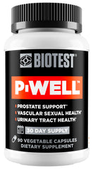 Biotest P-Well bottle closeup highlighting pomegranate punicalagins for antioxidant support