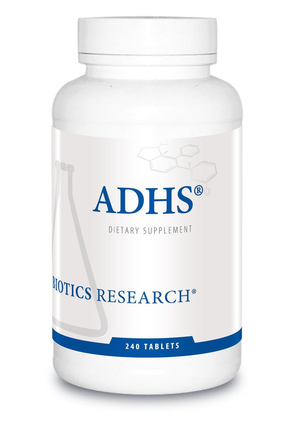 Biotics Research ADHS adrenal support bottle front showing compact tablets for steady energy.