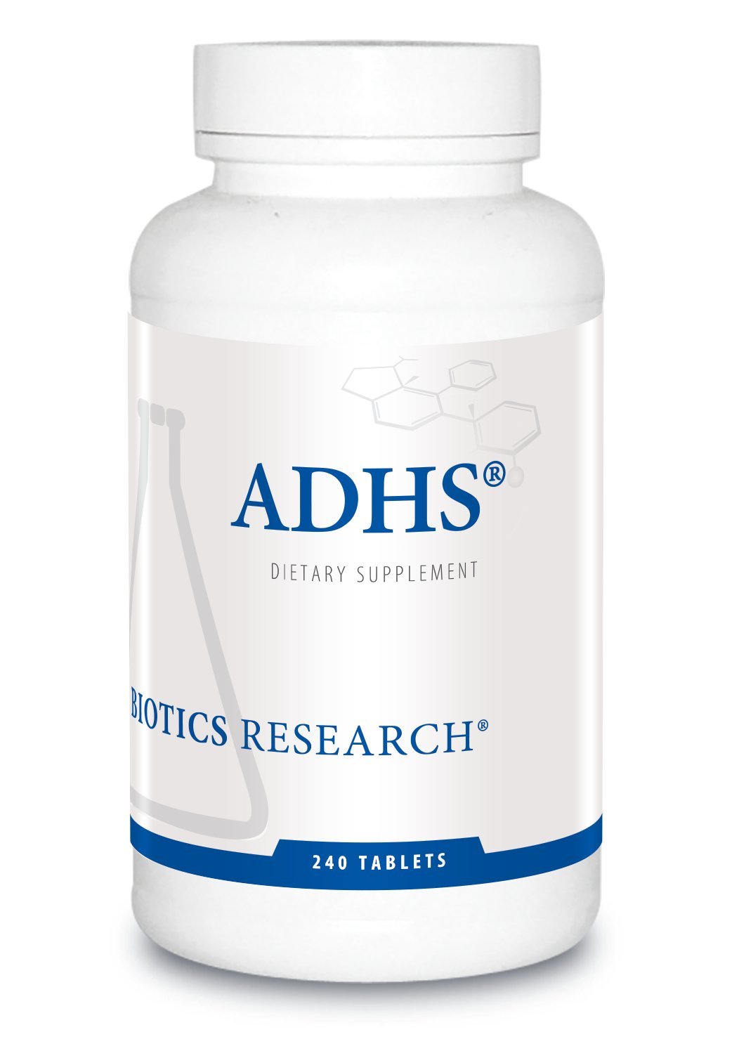 Biotics Research ADHS adrenal support bottle front showing compact tablets for steady energy.