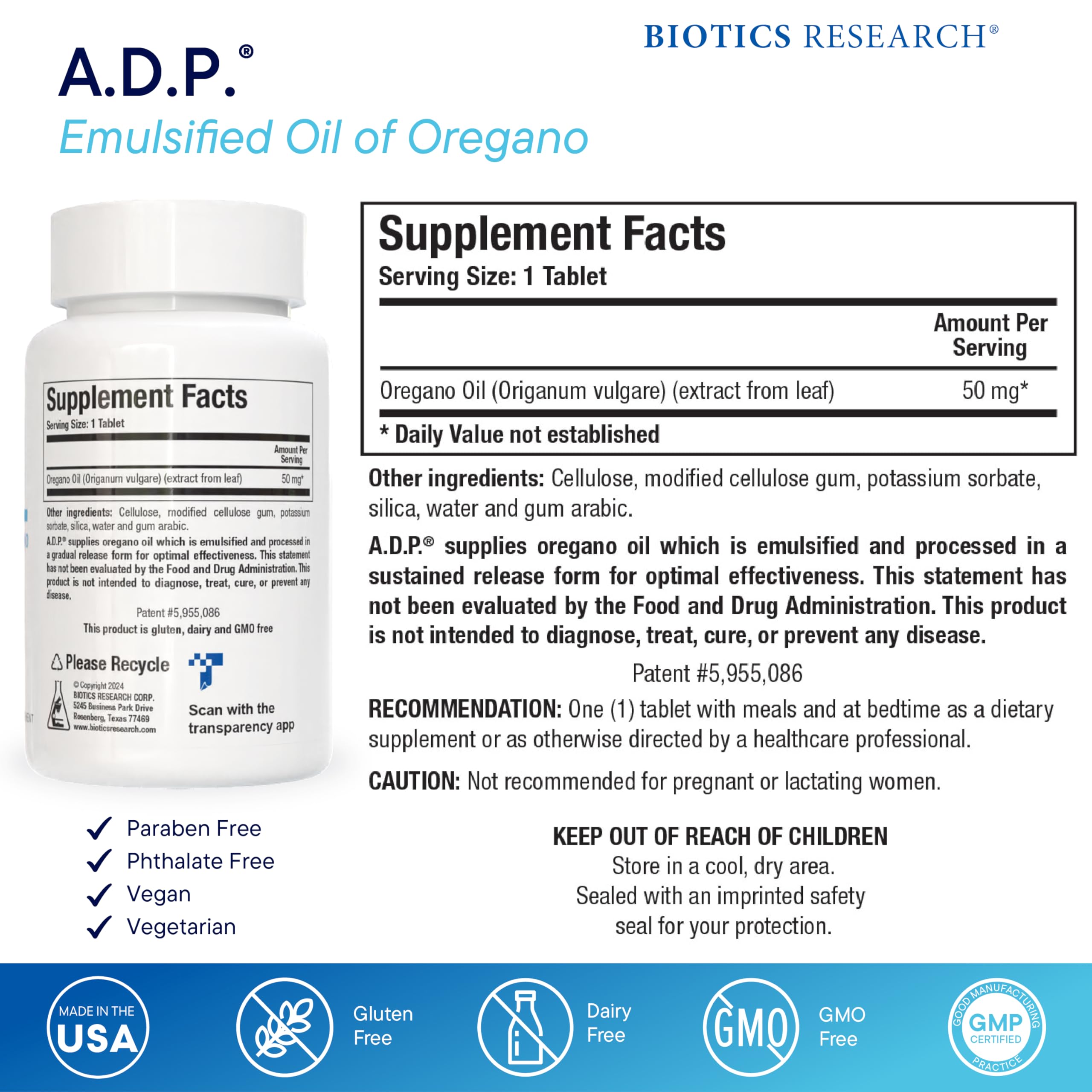 Biotics Research A.D.P. emulsified oregano tablets bottle side view with dosage information