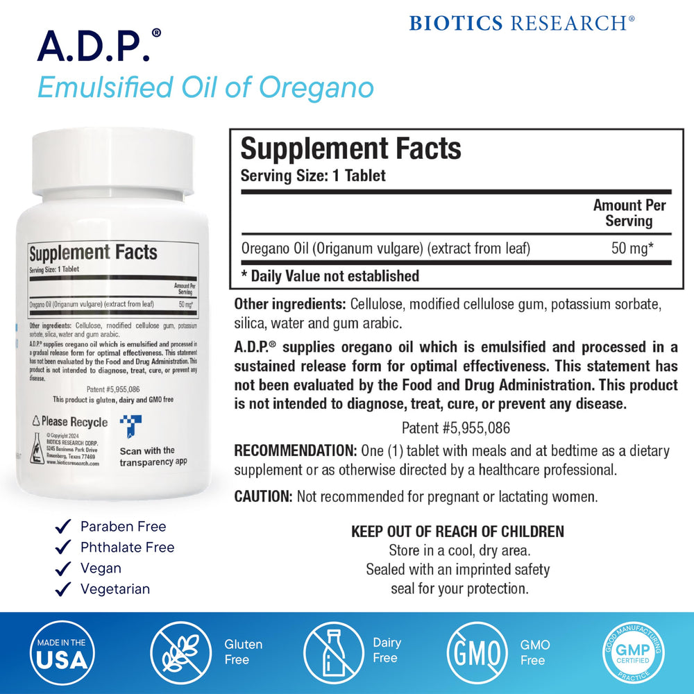 Biotics Research A.D.P. emulsified oregano tablets bottle side view with dosage information