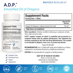 Biotics Research A.D.P. emulsified oregano tablets bottle side view with dosage information