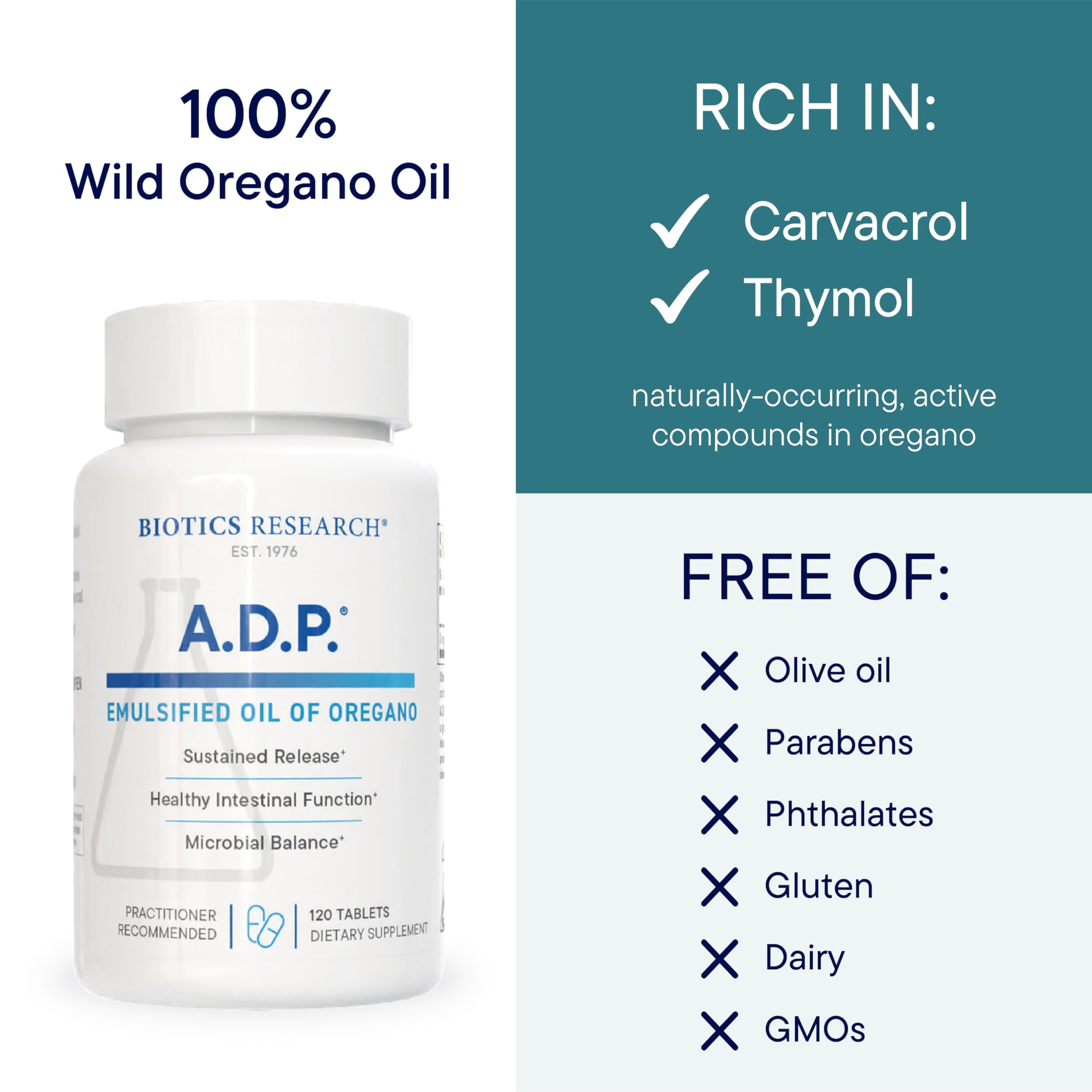 Biotics Research A.D.P. oregano oil close-up highlighting carvacrol-rich formula