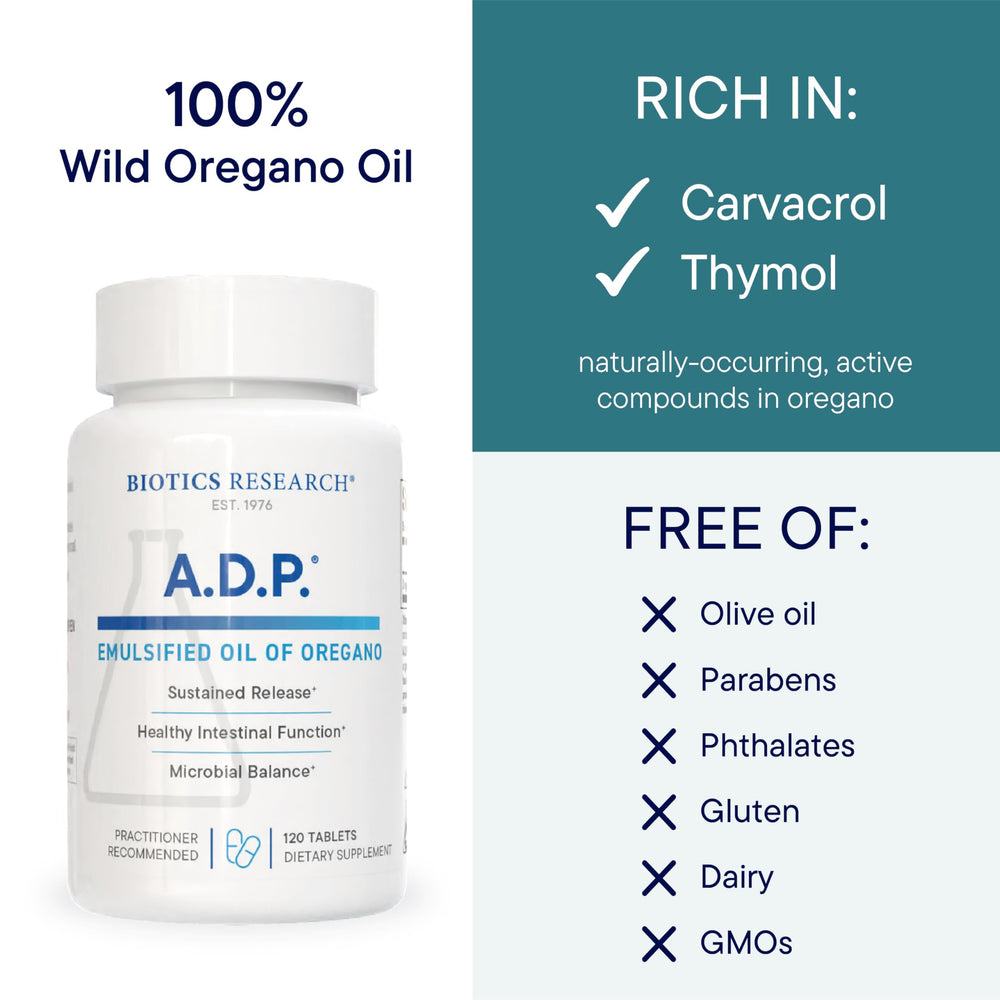 Biotics Research A.D.P. oregano oil close-up highlighting carvacrol-rich formula