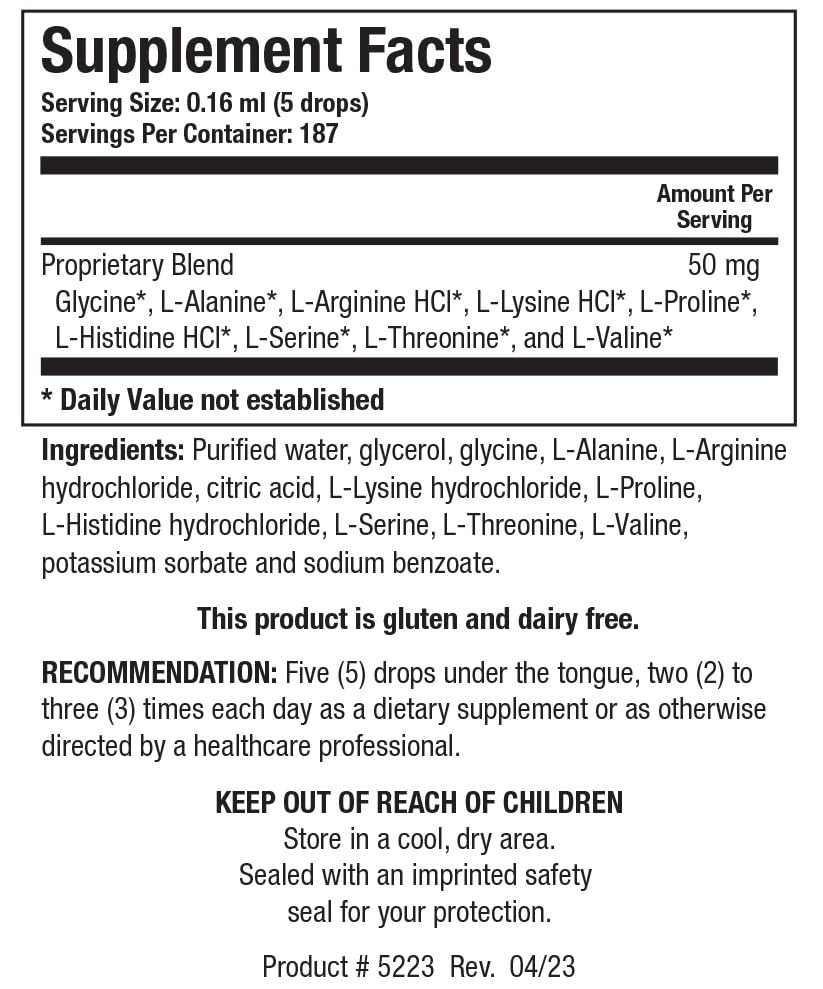 Biotics Research Amino Acid Quick Sorb liquid pour captures convenient dosing for on-the-go use.