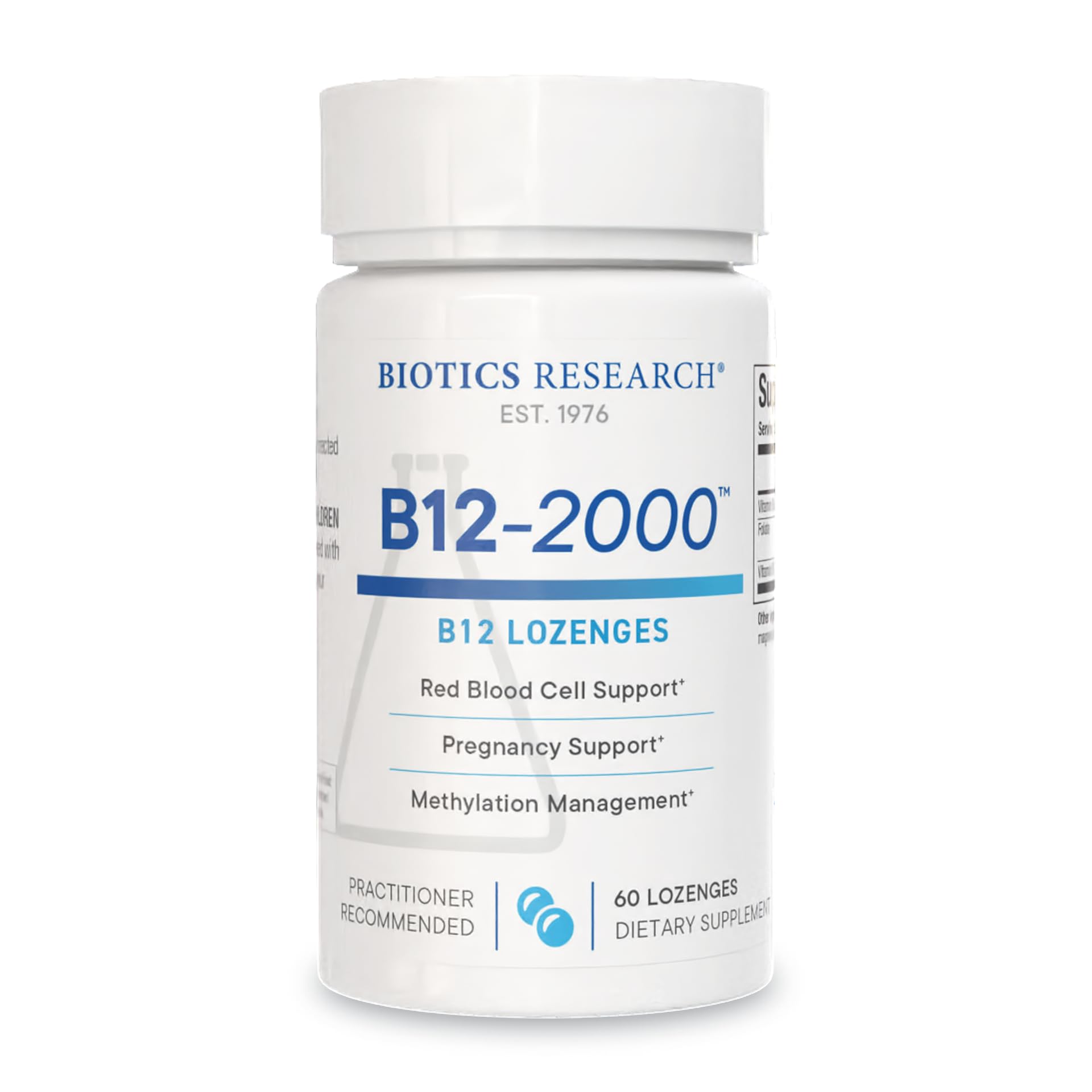 Biotics Research B12-2000 bottle front showing berry sublingual lozenges.