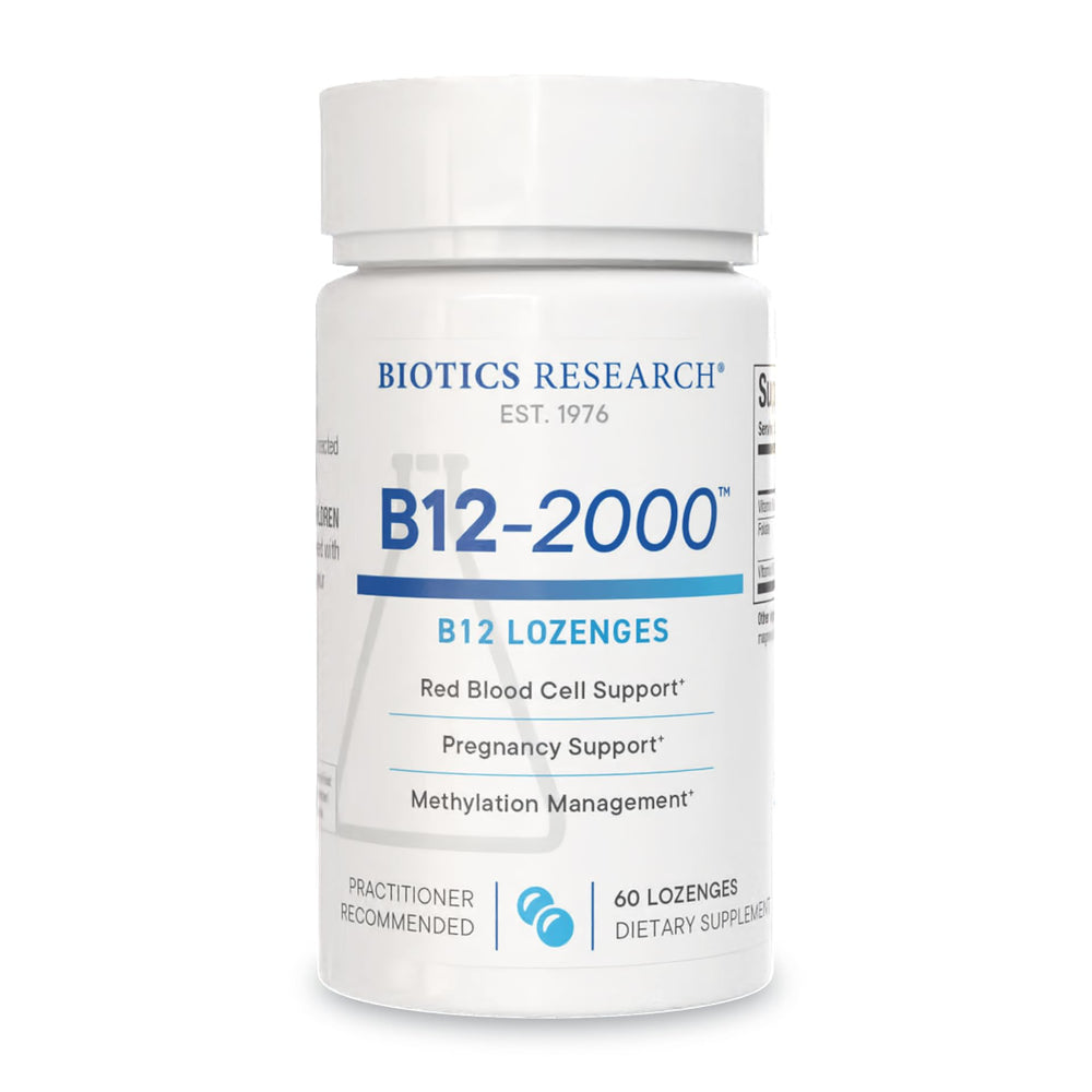 Biotics Research B12-2000 bottle front showing berry sublingual lozenges.