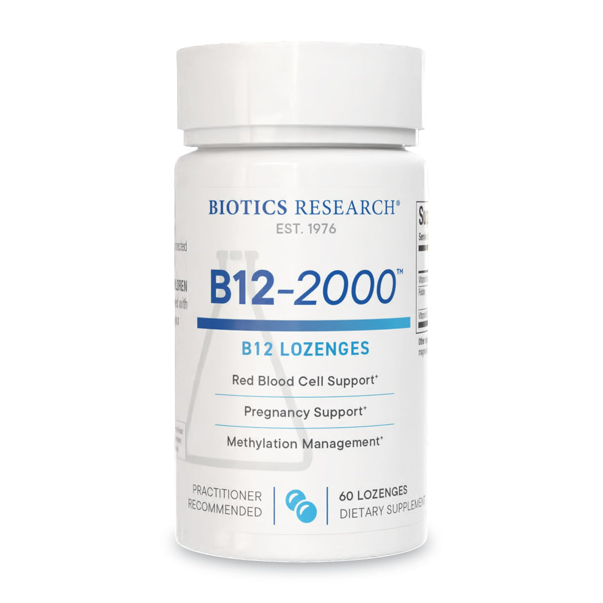 Biotics Research B12-2000 bottle front showing berry sublingual lozenges.