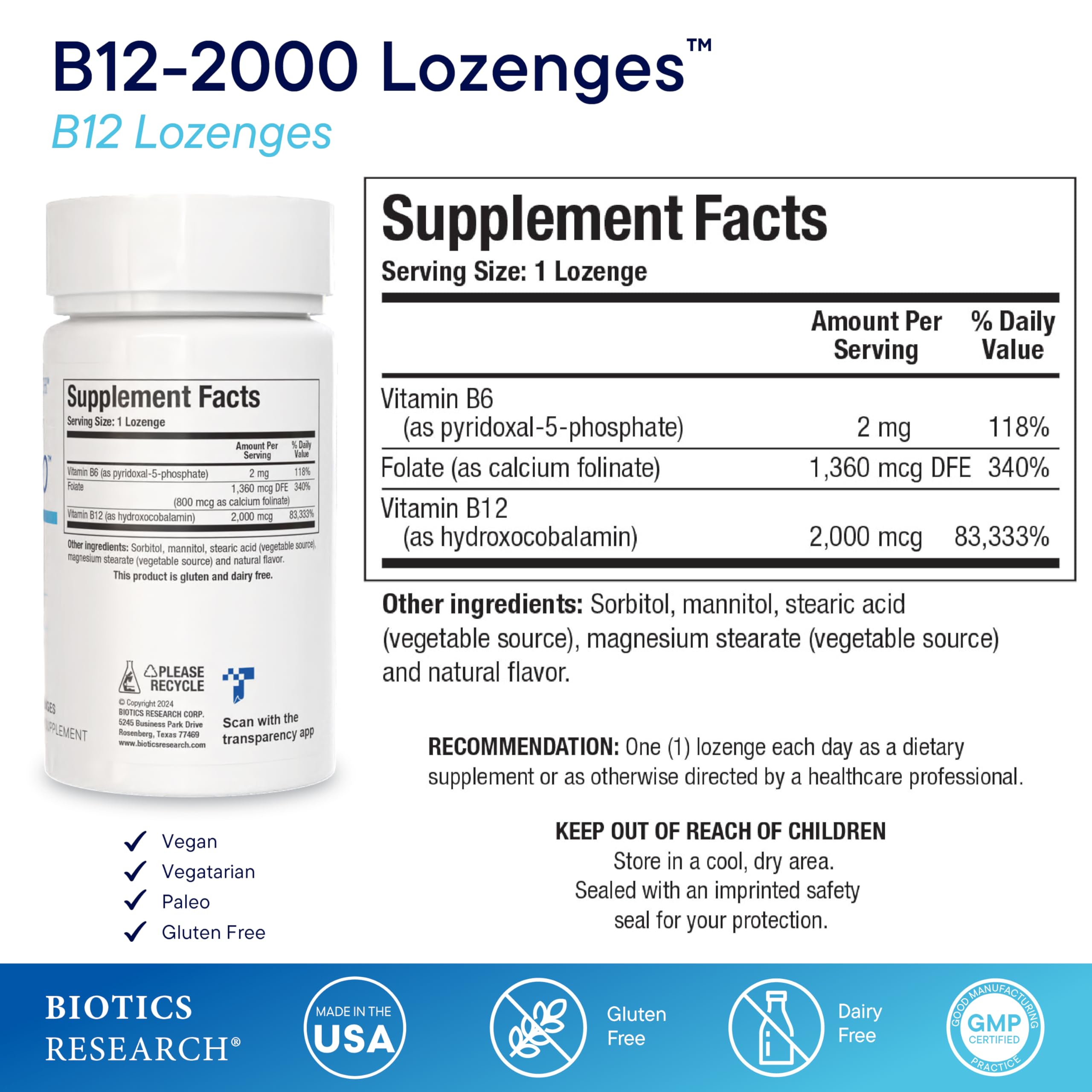 Biotics Research B12-2000 lozenge dissolving for easy absorption.