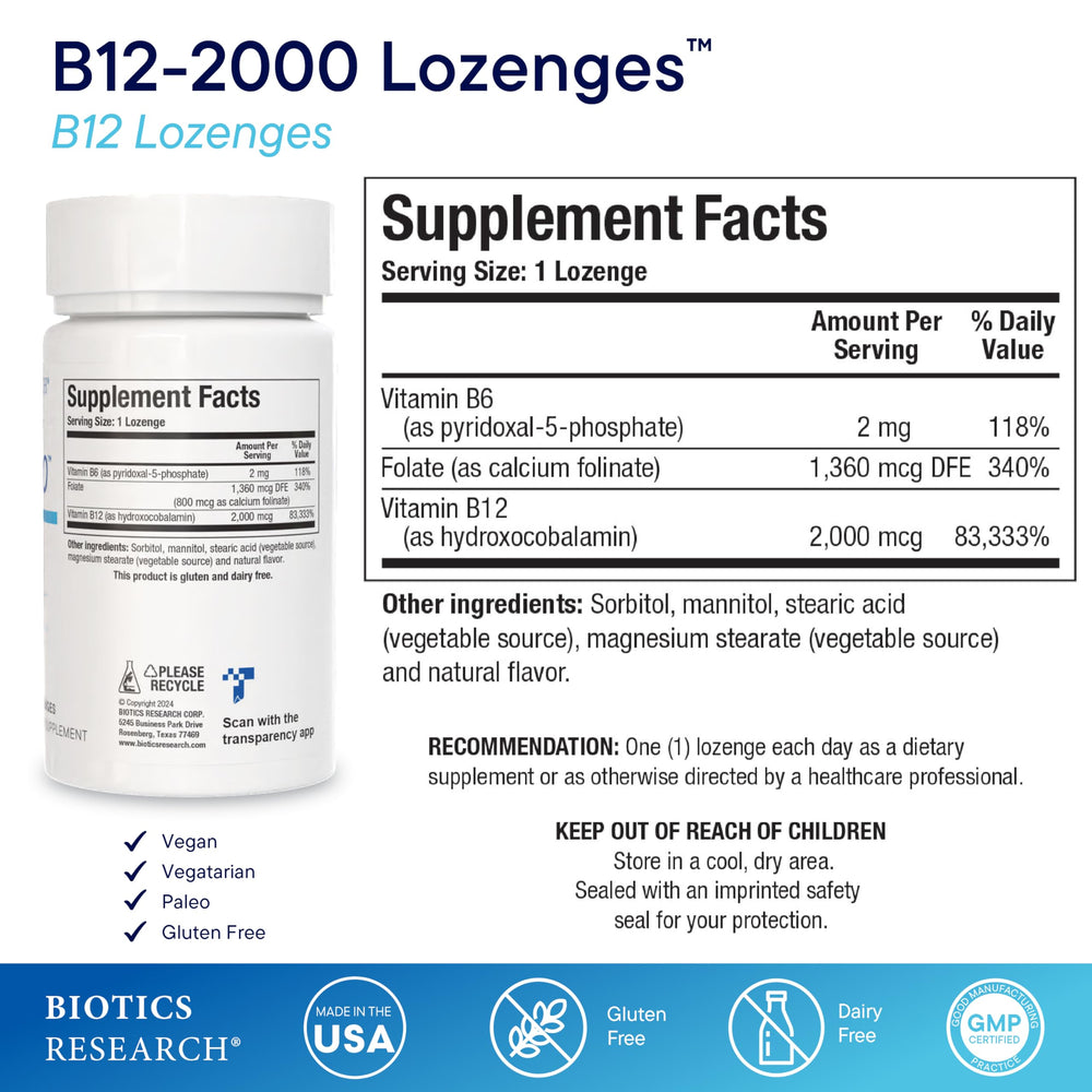 Biotics Research B12-2000 lozenge dissolving for easy absorption.