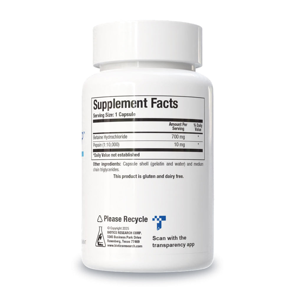 Biotics Research Betaine Plus HP bottle back, high-potency stomach support ingredients