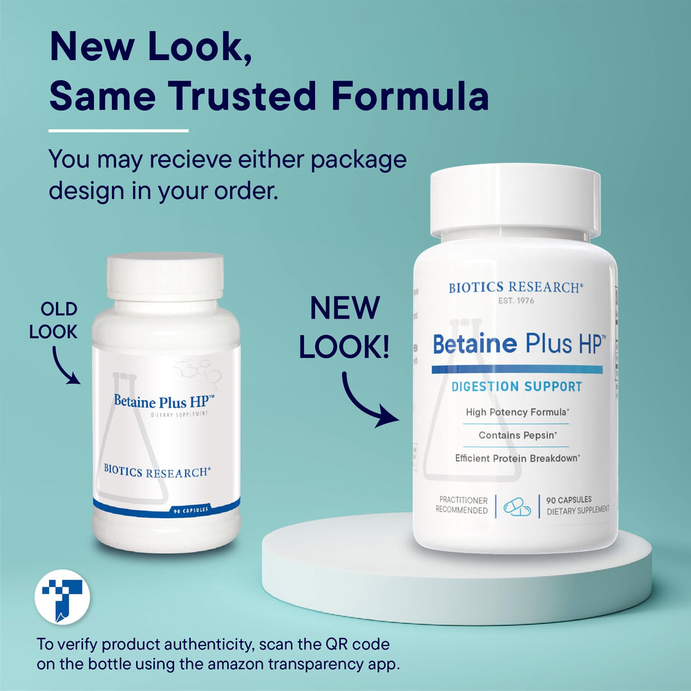 Biotics Research Betaine Plus HP label detail, showing HCl and pepsin blend