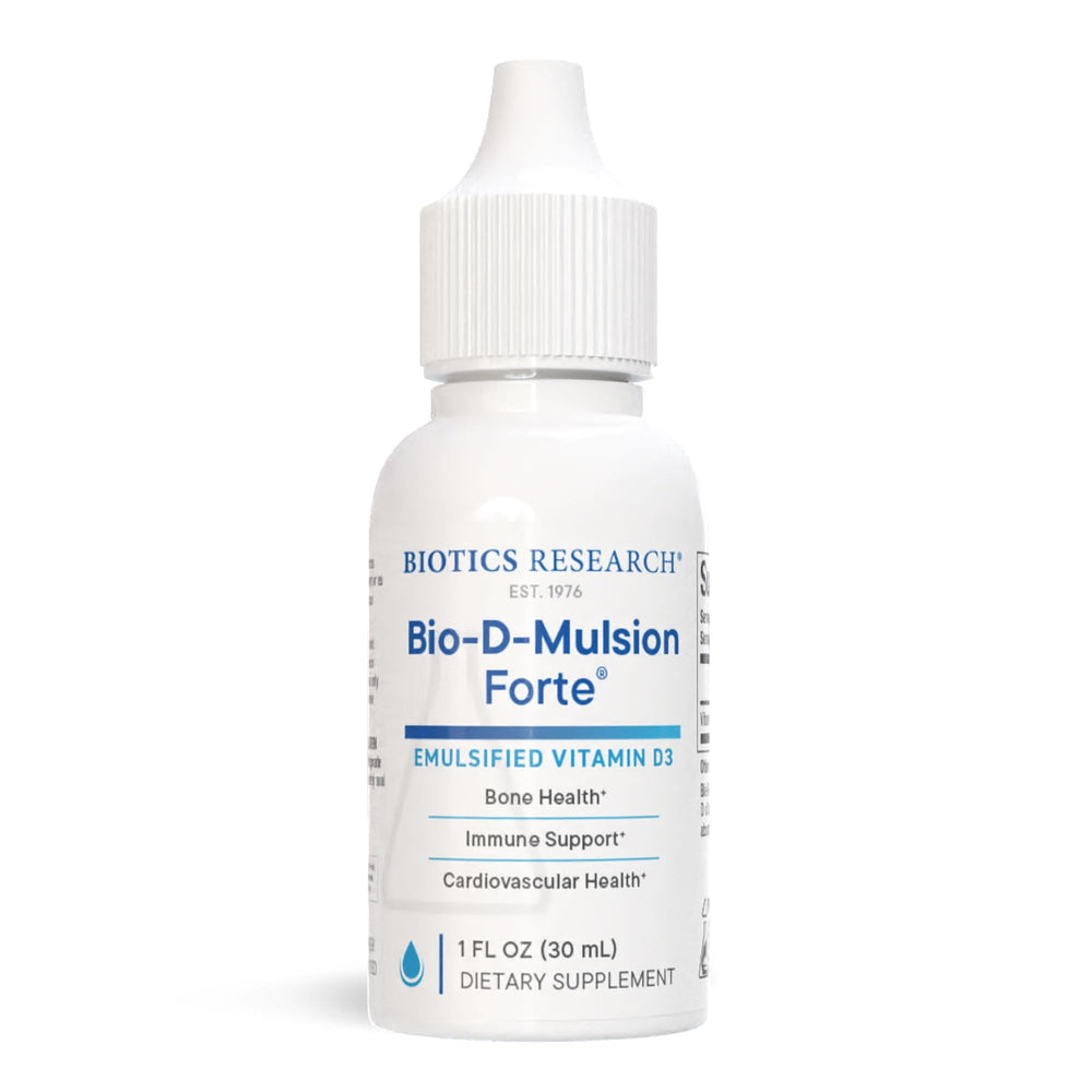 Biotics Research Bio-D-Mulsion Forte bottle shows bone support label.
