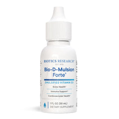 Biotics Research Bio-D-Mulsion Forte bottle shows bone support label.