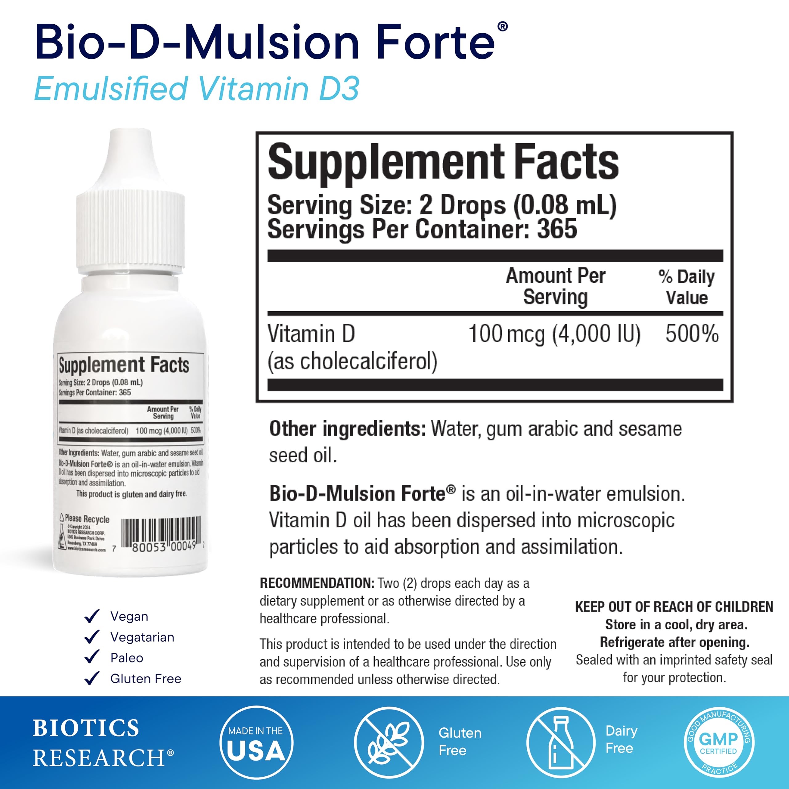 Biotics Research Bio-D-Mulsion Forte drops being poured from bottle.