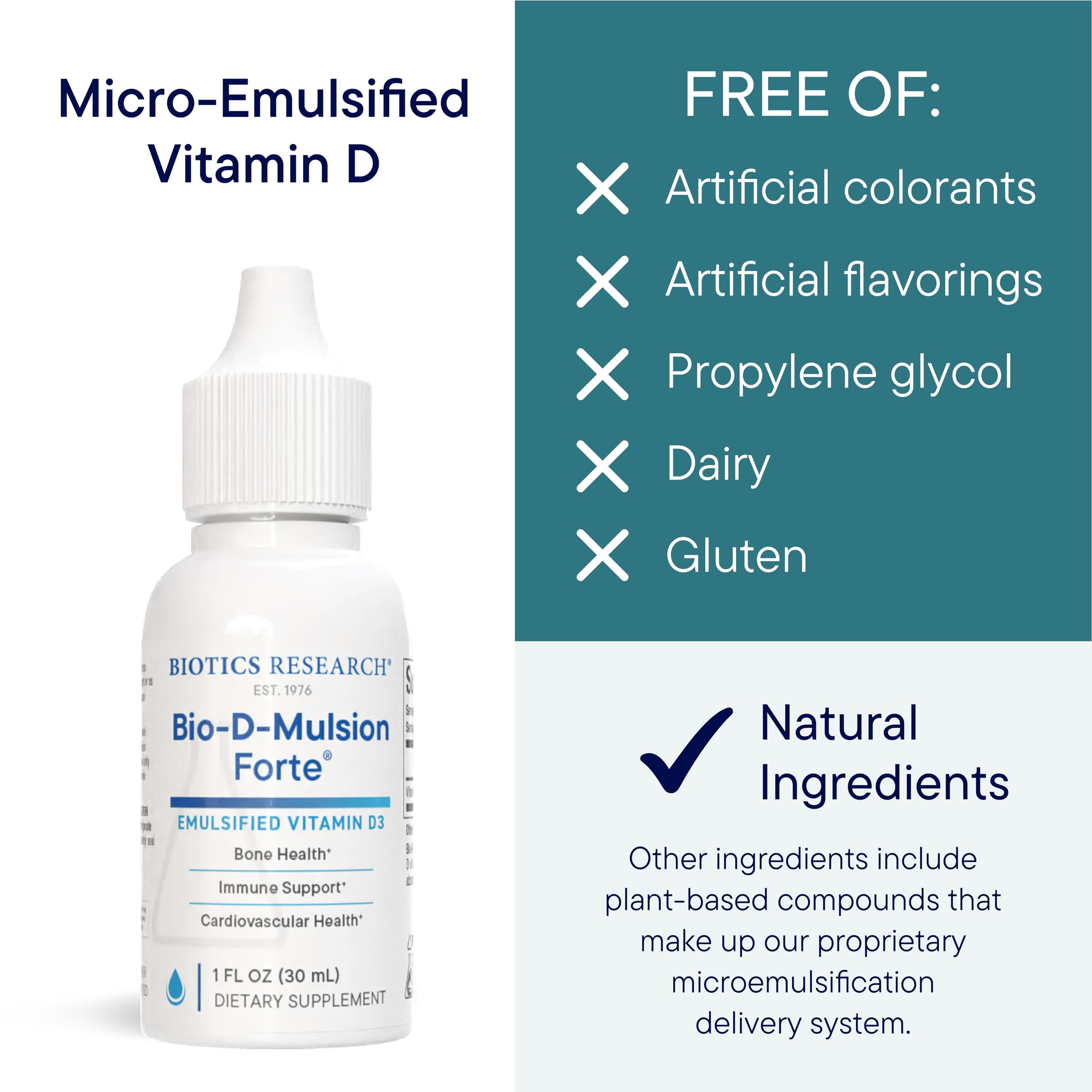 Biotics Research Bio-D-Mulsion Forte packaging highlights USA-made quality.
