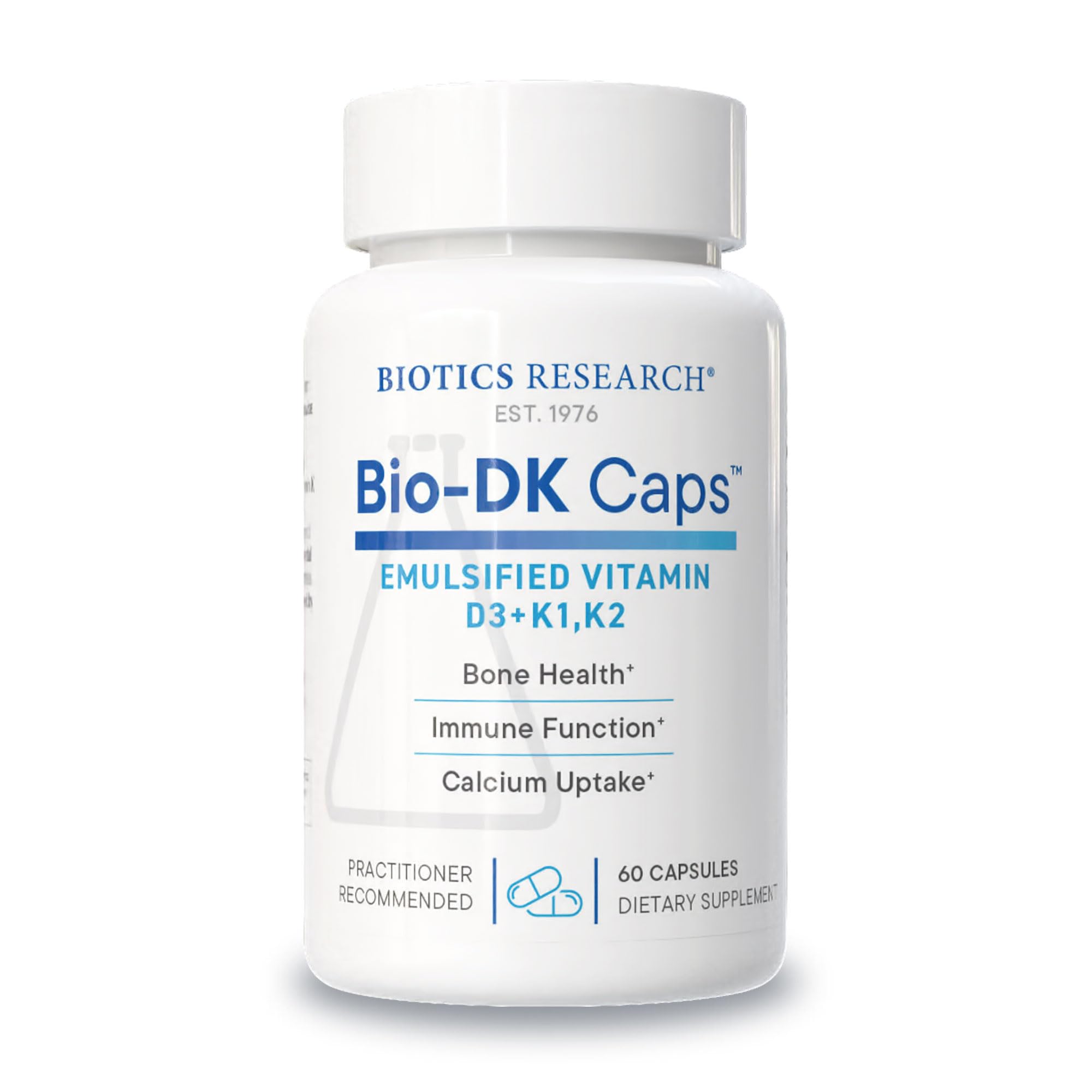 BIOTICS RESEARCH Bio-DK Caps bottle front view highlighting emulsified D3 and K2