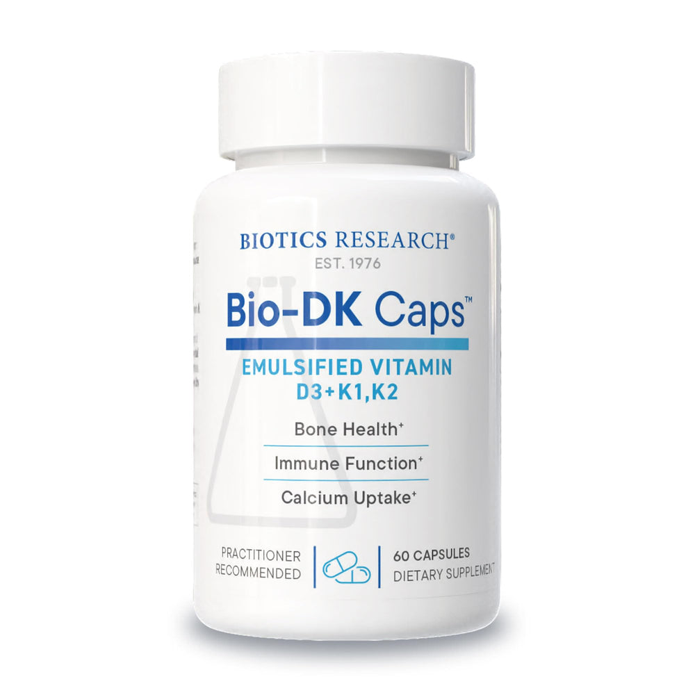 BIOTICS RESEARCH Bio-DK Caps bottle front view highlighting emulsified D3 and K2