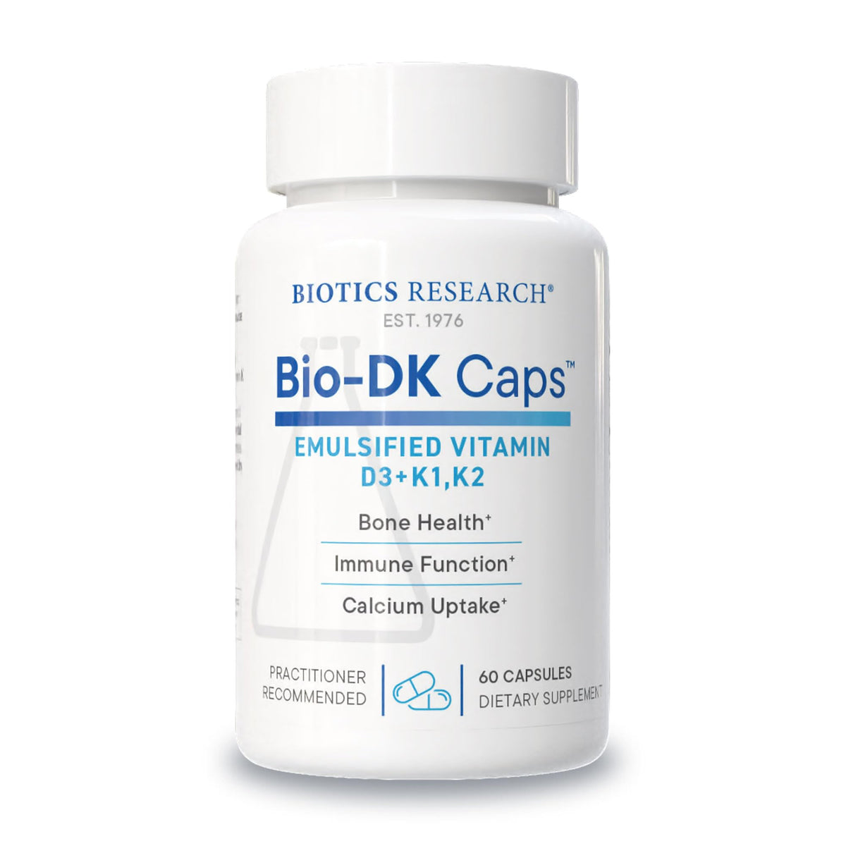 BIOTICS RESEARCH Bio-DK Caps bottle front view highlighting emulsified D3 and K2