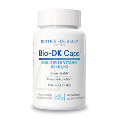 BIOTICS RESEARCH Bio-DK Caps bottle front view highlighting emulsified D3 and K2