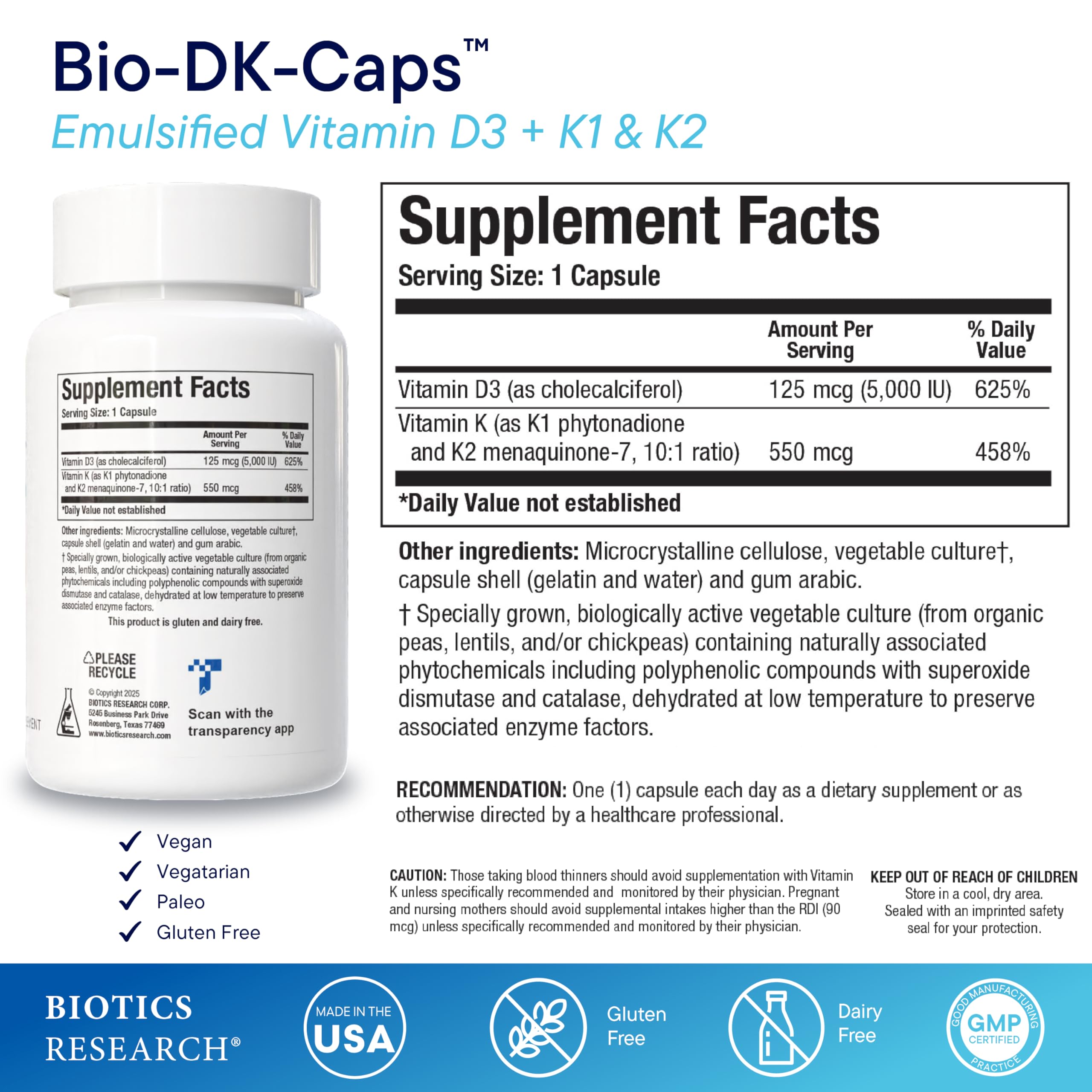 BIOTICS RESEARCH Bio-DK Caps capsules close-up showing D3 and MK7