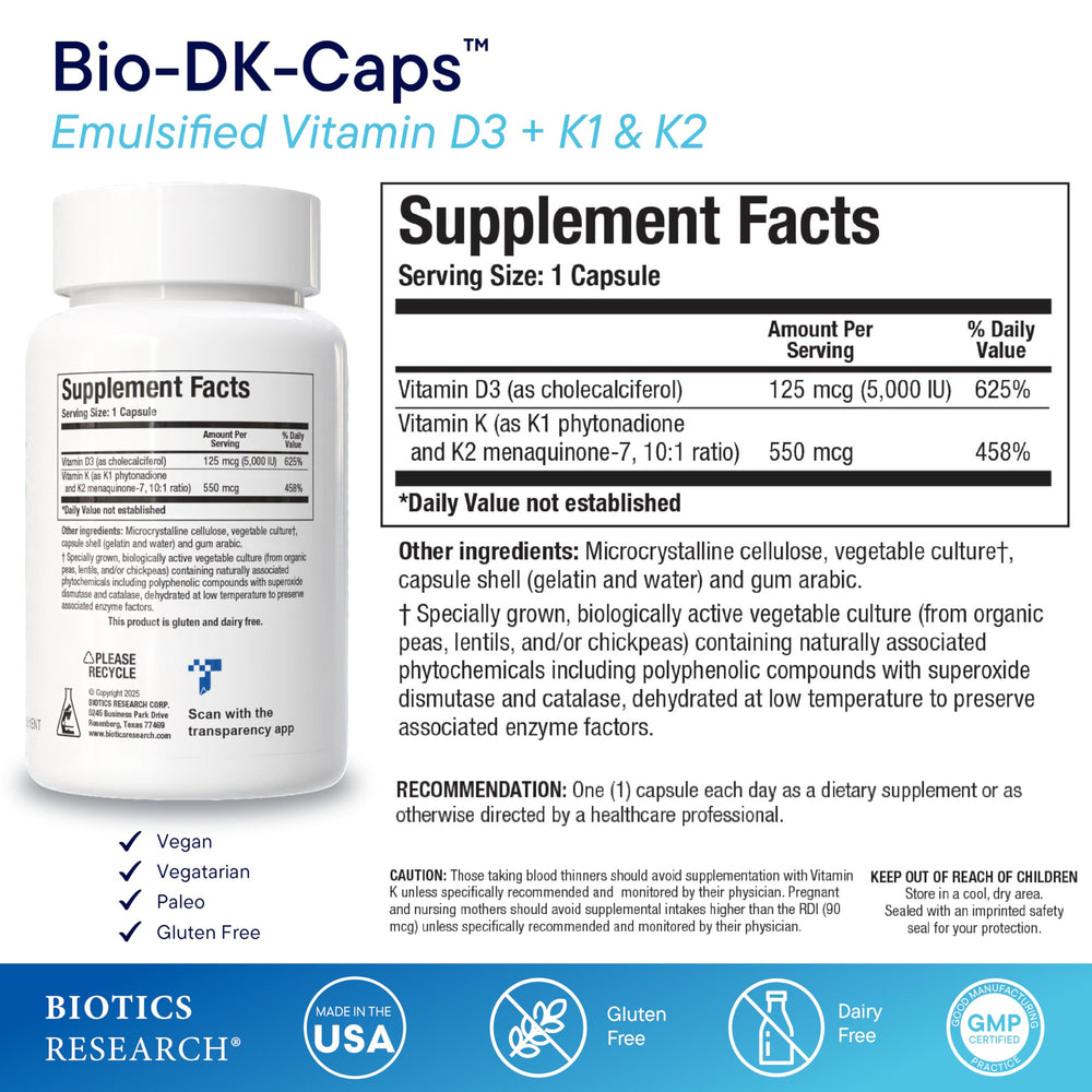 BIOTICS RESEARCH Bio-DK Caps capsules close-up showing D3 and MK7
