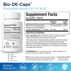 BIOTICS RESEARCH Bio-DK Caps capsules close-up showing D3 and MK7