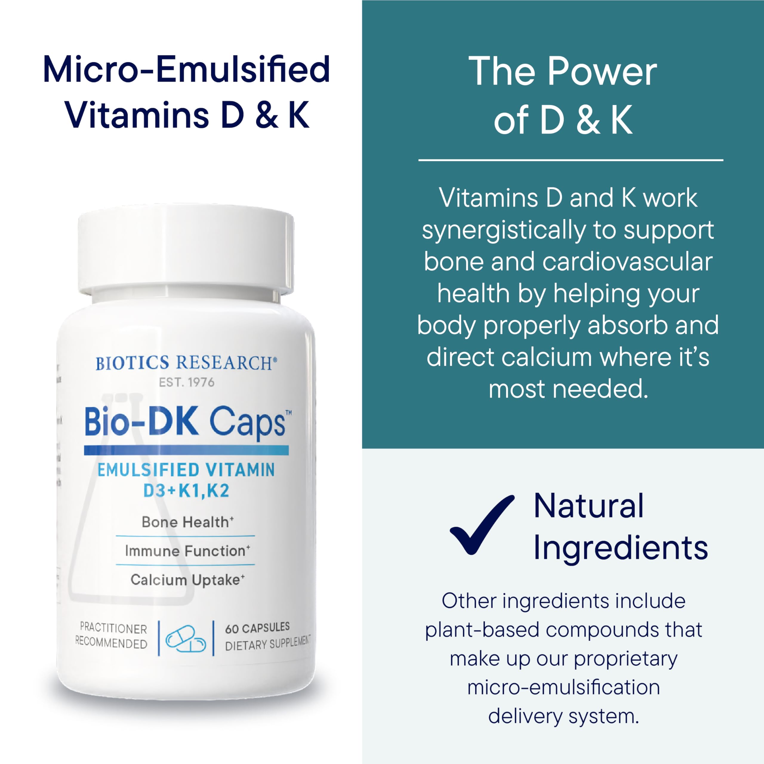 BIOTICS RESEARCH Bio-DK Caps D3-MK7 visuals indicating bone and heart support