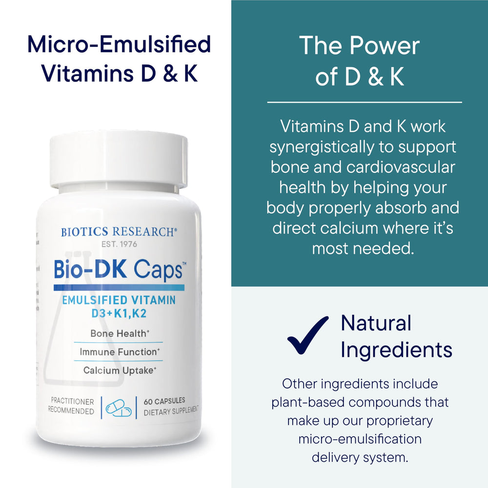 BIOTICS RESEARCH Bio-DK Caps D3-MK7 visuals indicating bone and heart support