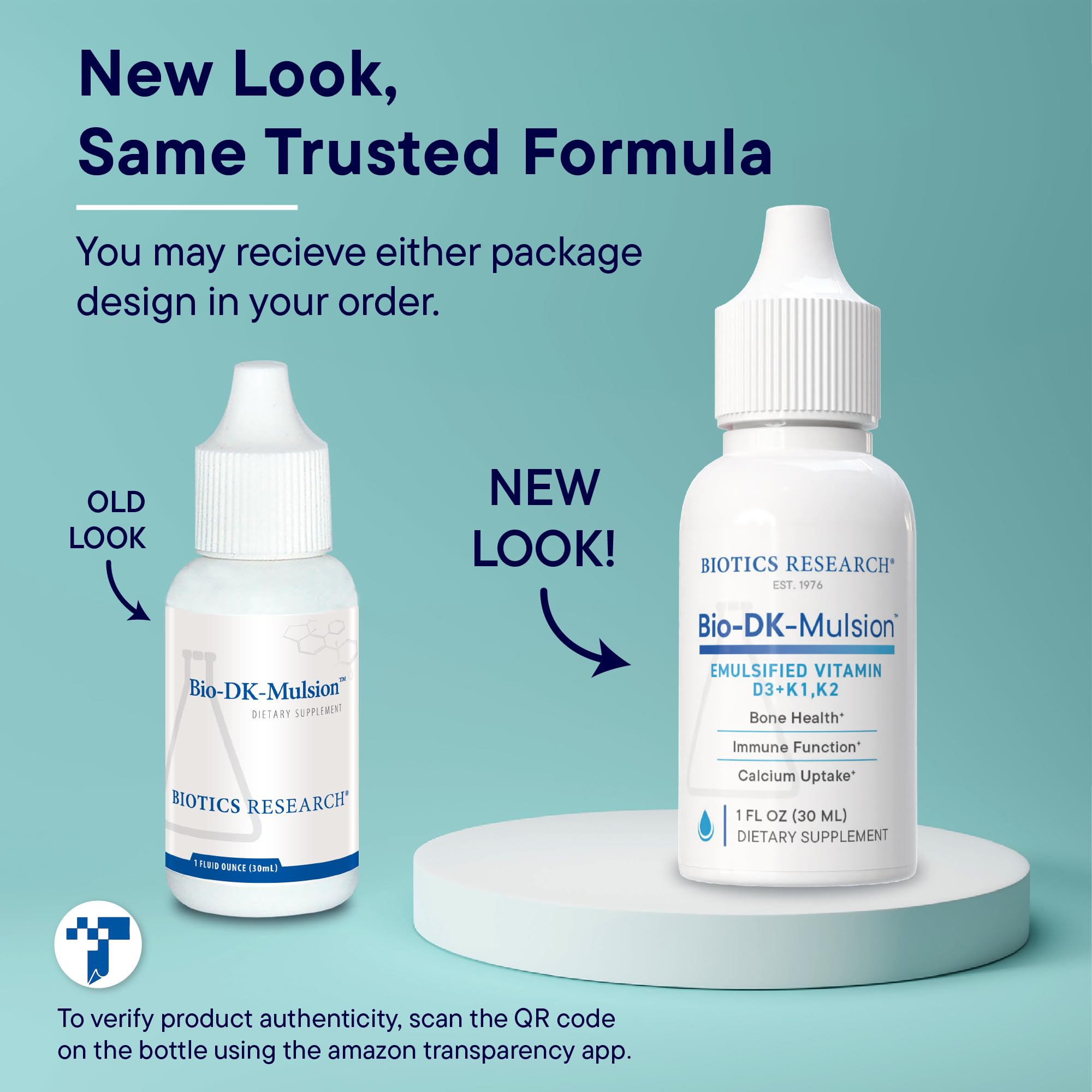 Biotics Research Bio-DK-Mulsion label close-up showcases quality and safety marks.