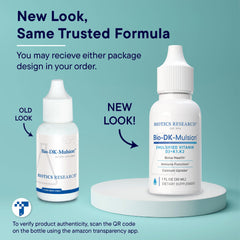Biotics Research Bio-DK-Mulsion label close-up showcases quality and safety marks.