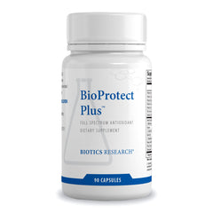 BioProtect Plus bottle on a clean surface highlighting antioxidant support from BIOTICS RESEARCH.