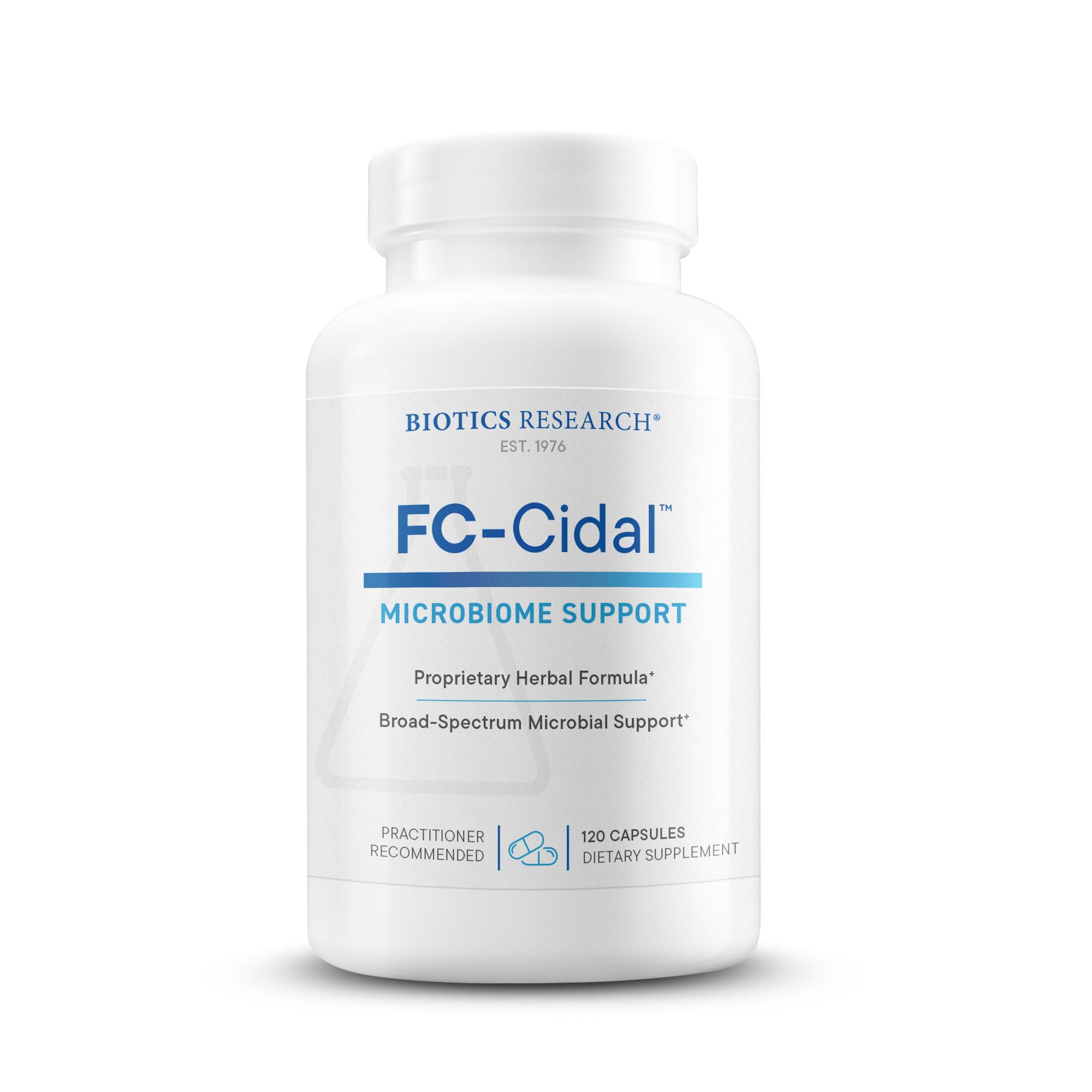 Biotics Research FC-Cidal bottle label shows seven-herb blend for gut balance.