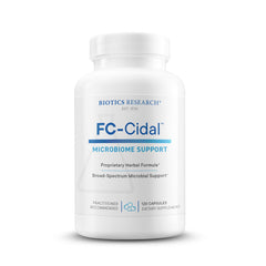 Biotics Research FC-Cidal bottle label shows seven-herb blend for gut balance.