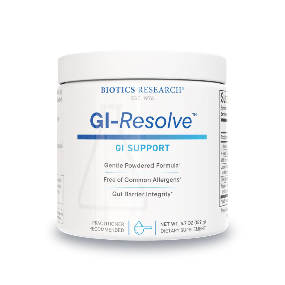 Biotics Research GI Resolve bottle front showing premium gut support formula.