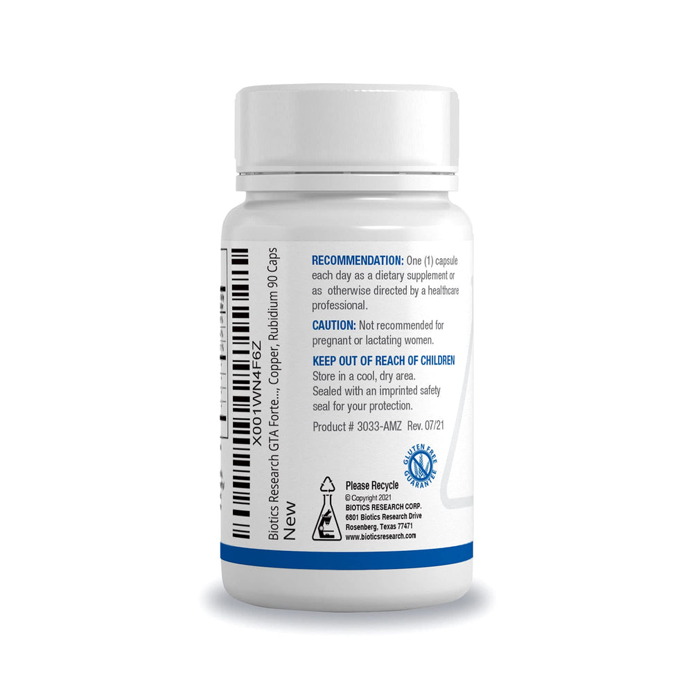 Biotics Research GTA-Forte capsules closeup featuring porcine glandular components