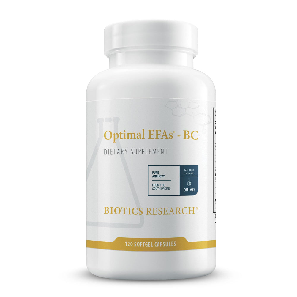 Biotics Research Optimal EFAs-BC bottle label highlighting omega blend for heart and joint support.