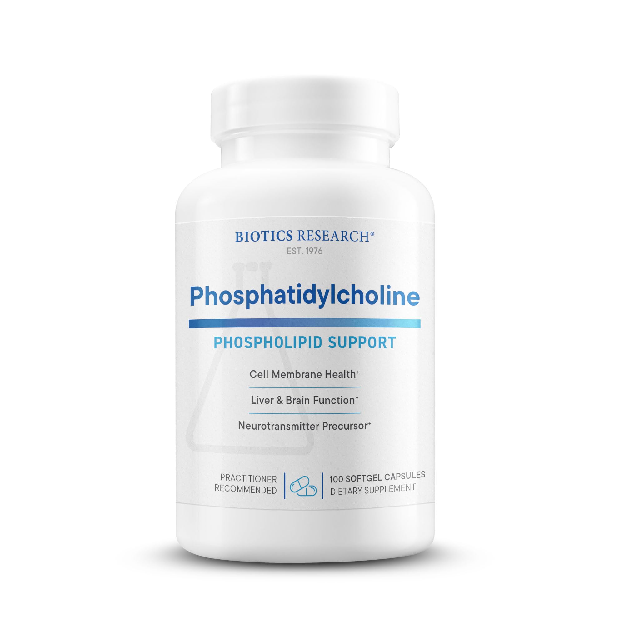 Biotics Research phosphatidylcholine softgel bottle — supports healthy brain membranes and cognitive function.