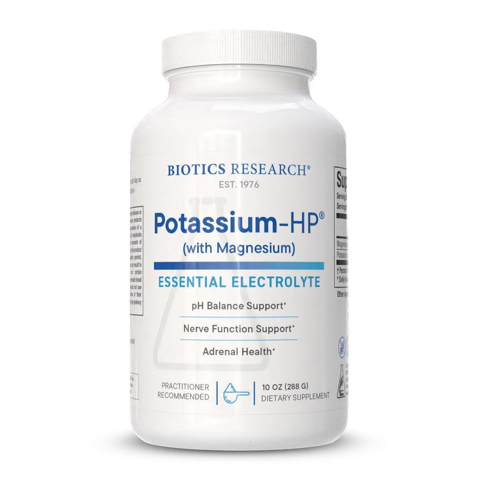 Biotics Research Potassium-HP bottle highlighting essential mineral for cardiovascular support.