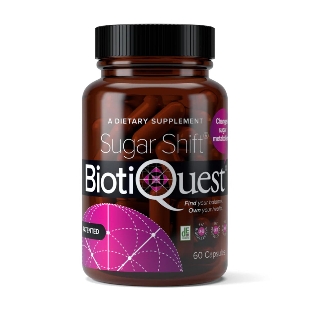BiotiQuest Sugar Shift bottle pour shows easy daily probiotic use for cravings support.