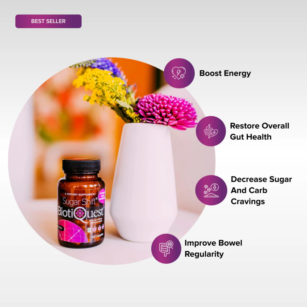 BiotiQuest Sugar Shift label view displays vegan, gluten-free, and non-GMO features.