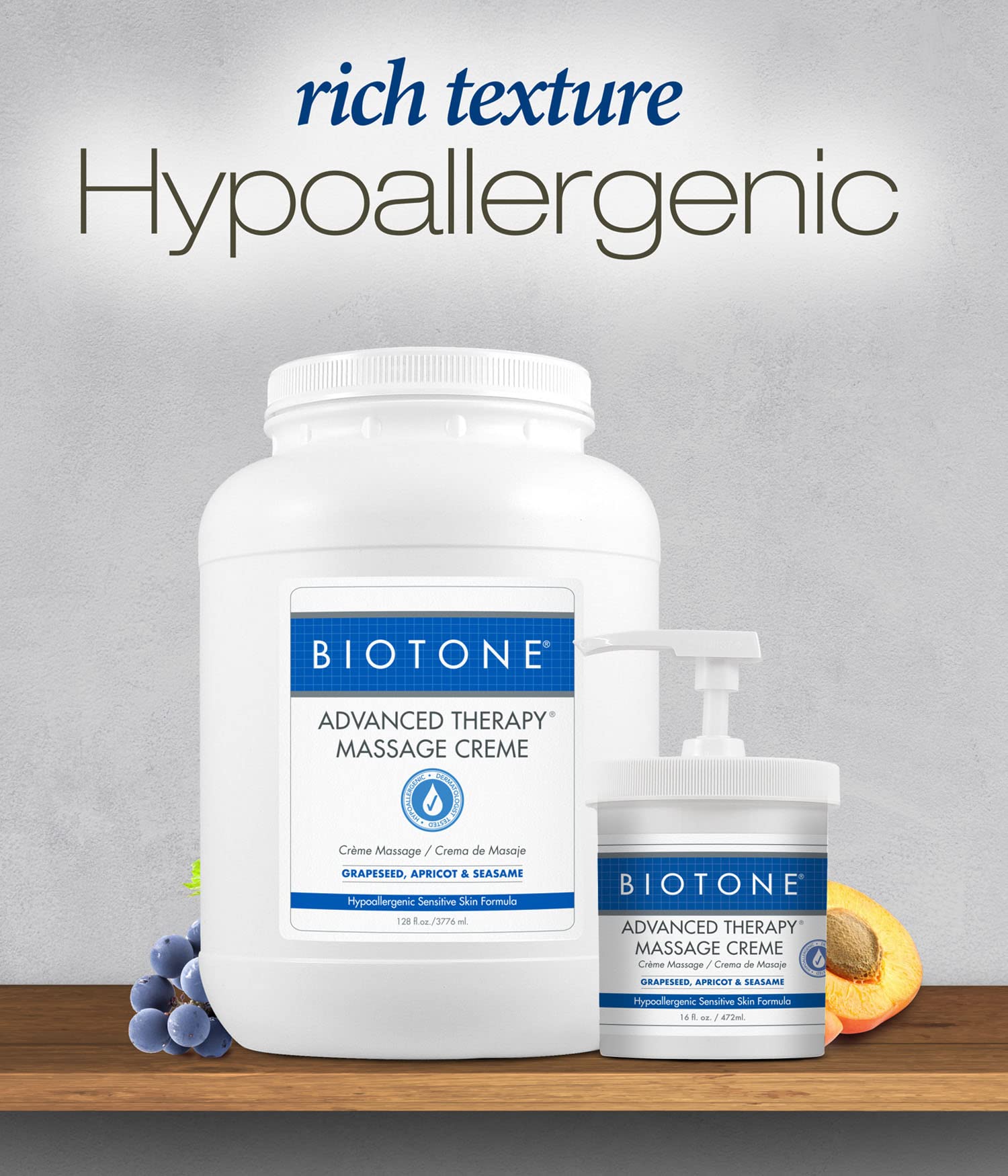 Biotone Advanced Therapy Creme packaging shot emphasizes fragrance-free, hypoallergenic formula.