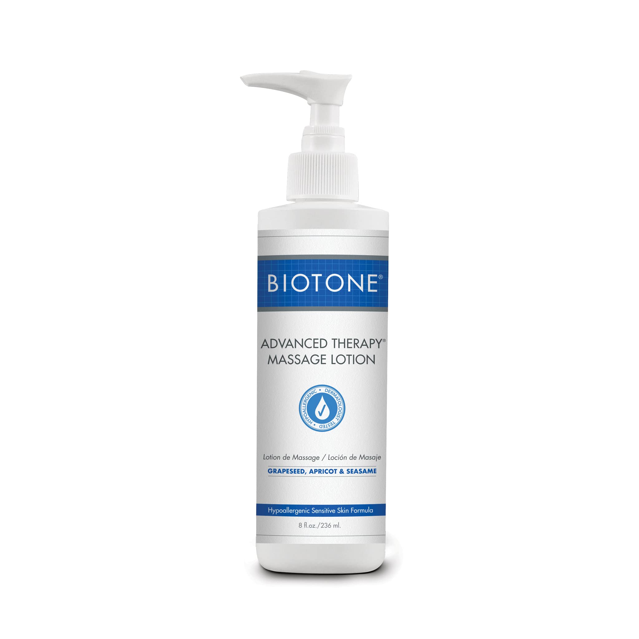 BIOTONE Advanced Therapy Massage Lotion bottle shows fragrance-free, hypoallergenic glide for sensitive clients.