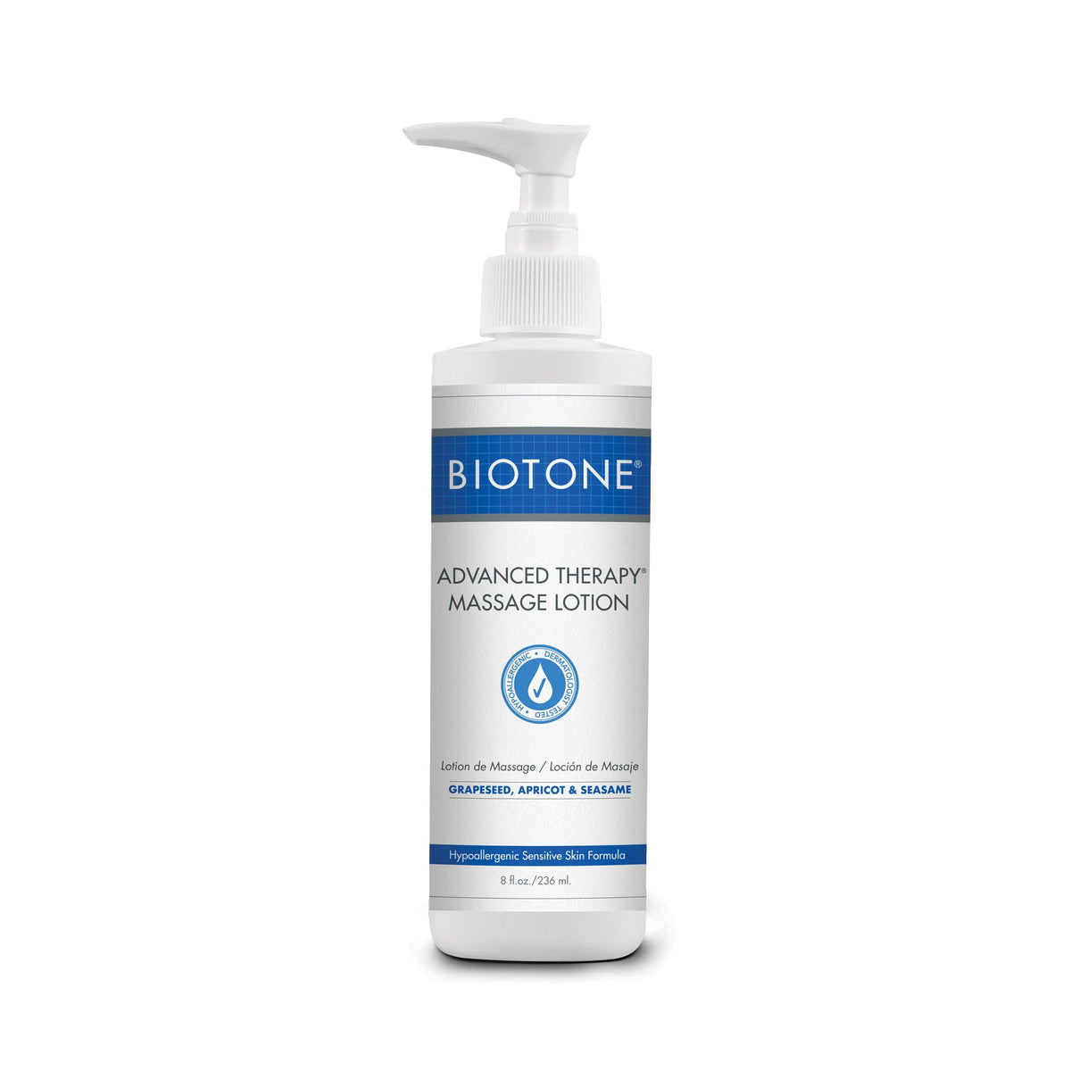 BIOTONE Advanced Therapy Massage Lotion bottle shows fragrance-free, hypoallergenic glide for sensitive clients.